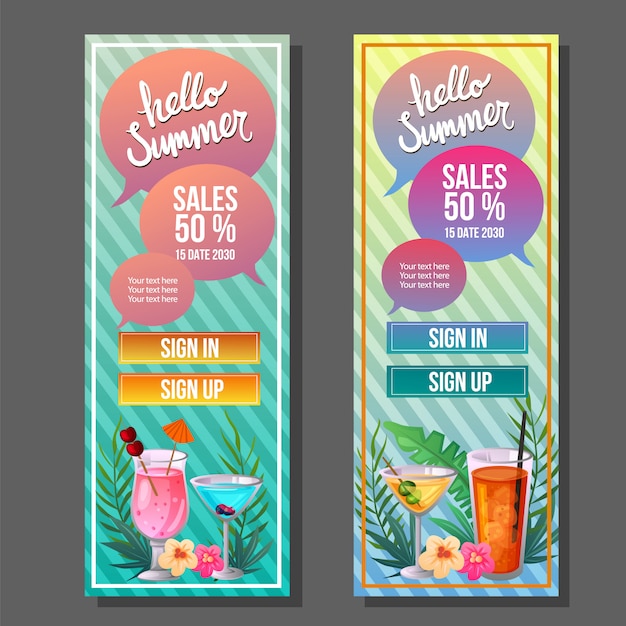 Vector hola verano vertical banner cóctel tropical bebida vector ilustración