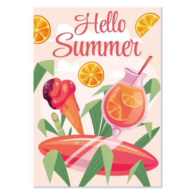 Hola verano volante cartel cubierta concepto plano dibujos animados diseño gráfico ilustración