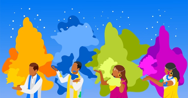 Holi fondo colorido isométrico con gente india en ropa nacional que sopla polvos multicolores ilustración vectorial