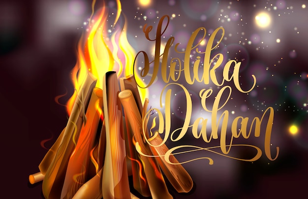 Holika Dahan diseño de tarjeta de felicitación con un fuego realista