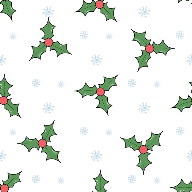 Holly de Navidad con bayas y copos de nieve patrón sin costuras Festivo de Año Nuevo fondo