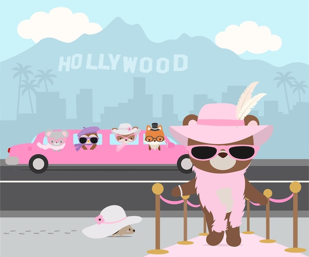 Vector hollywood glamour party movie start animales en limusina rosa