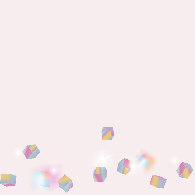 Holo confetti. particulas de cubo holográfico aisladas. telón de fondo de confeti caótico. borde de láminas. bokeh cuadrado vectorial. fondo irisado. tarjeta de cumpleaños con textura metálica. tarjeta de aniversario geométrica.