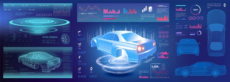Vector holograma 3d de un automóvil con elementos de interfaz gui hud ui escaneo y diagnóstico completo del automóvil