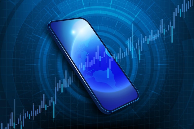 Holograma de alta tecnología del planeta tierra en la pantalla del teléfono inteligente con diagrama vectorial de datos financieros de inversión