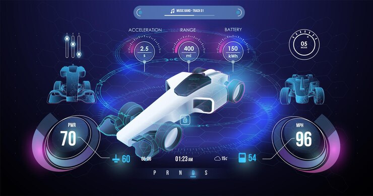 Vector holograma auto en estilo hud ui tablero de instrumentos digital inteligente con configuración de automóvil y control ilustración de automóvil inteligente