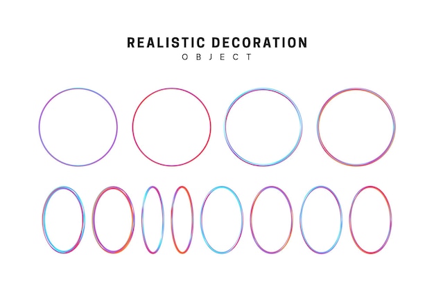 Holograma de color degradado de formas geométricas. Círculos holográficos, elementos de diseño decorativo aislados sobre fondo blanco. Objetos 3d en forma de anillos redondos azules de diferente grosor. ilustración vectorial