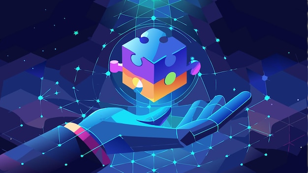 Holograma de rompecabezas digital en la mano Solución de éxito Ilustración vectorial de concepto para la resolución de problemas