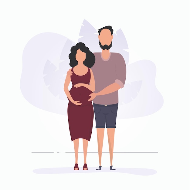 Un hombre abraza a una mujer embarazada Un cartel sobre el tema del chorro de vapor de un niño Embarazo positivo y consciente Vector en estilo de dibujos animados