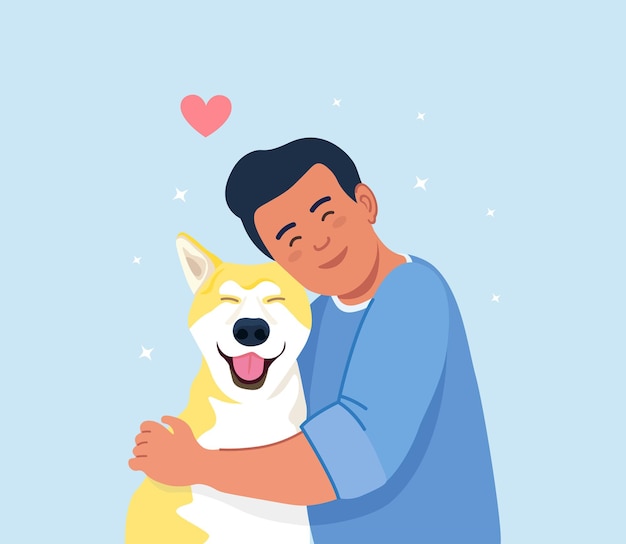 Vector hombre abrazo a perro. chico joven abrazando cachorro con amor. amistad de niño y mascota. cuidando a un amigo de cuatro patas