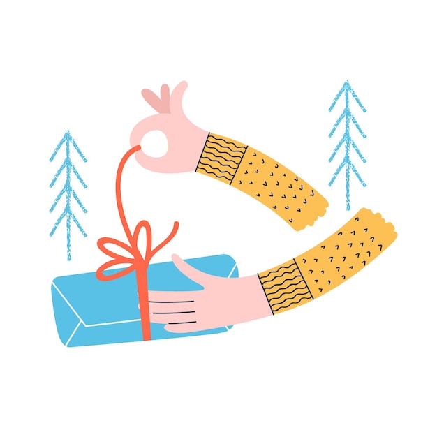 Un hombre abre un regalo de Navidad. Vector ilustración divertida, tarjeta de Navidad concisa.