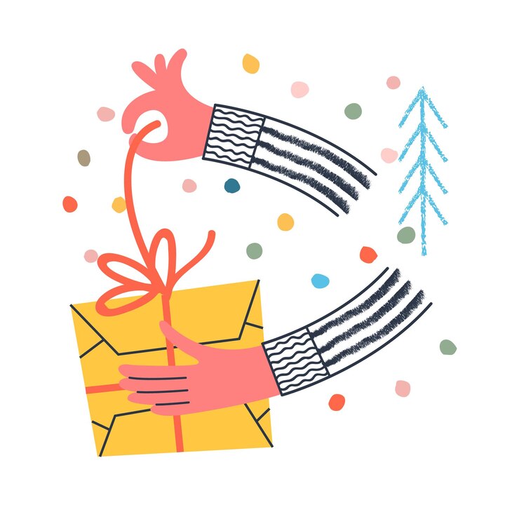 Vector un hombre abre un regalo de navidad. vector ilustración divertida, tarjeta de navidad concisa.
