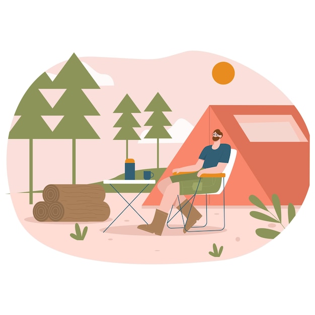 Hombre acampando ilustración plana