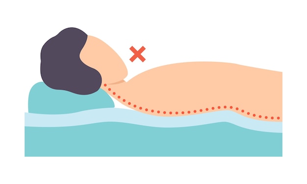 Vector hombre acostado boca arriba postura incorrecta para dormir para el cuello y la columna vertebral posición insalubre para dormir