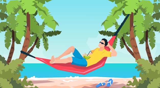 Hombre acostado en la hamaca Beach Vacation Flat Vector Illustration