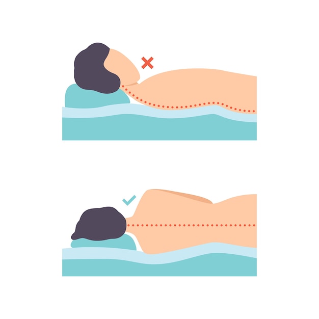 Hombre acostado en la postura correcta e incorrecta para dormir para el cuello y la columna vertebral