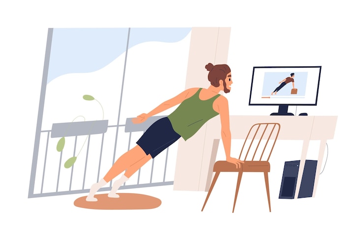 Vector hombre activo haciendo ejercicio deportivo ver clases en línea en ilustración plana de vector de computadora. hombre practicando ejercicio en casa aislado en blanco. chico entrenando en el curso de fitness en internet mira la pantalla.