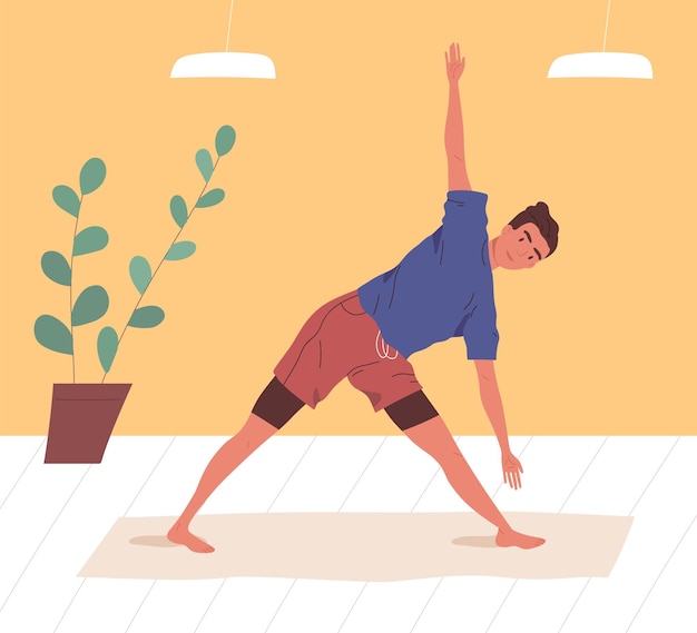 Hombre activo haciendo ejercicio de yoga en casa o gimnasio vector ilustración plana. Hombre flexible practicando estiramientos o aeróbicos en colchoneta. Chico en ropa deportiva disfrutando de entrenamiento deportivo o entrenamiento.