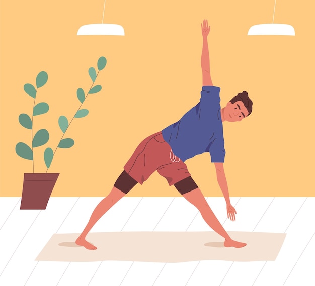 Hombre activo haciendo ejercicio de yoga en casa o gimnasio vector ilustración plana. hombre flexible practicando estiramientos o aeróbicos en colchoneta. chico en ropa deportiva disfrutando de entrenamiento deportivo o entrenamiento.