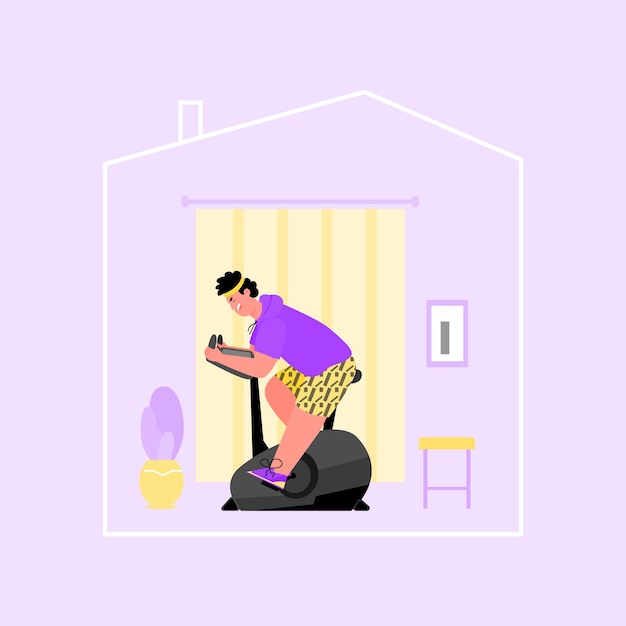 Vector hombre activo sano haciendo entrenamiento en cinta en casa ilustración vectorial de dibujos animados