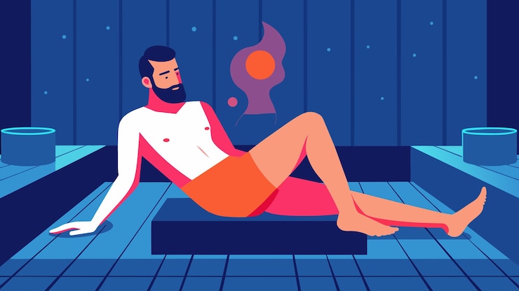 Vector un hombre se acuesta en la sauna con las piernas extendidas delante de él mientras la luz infrarroja ayuda a