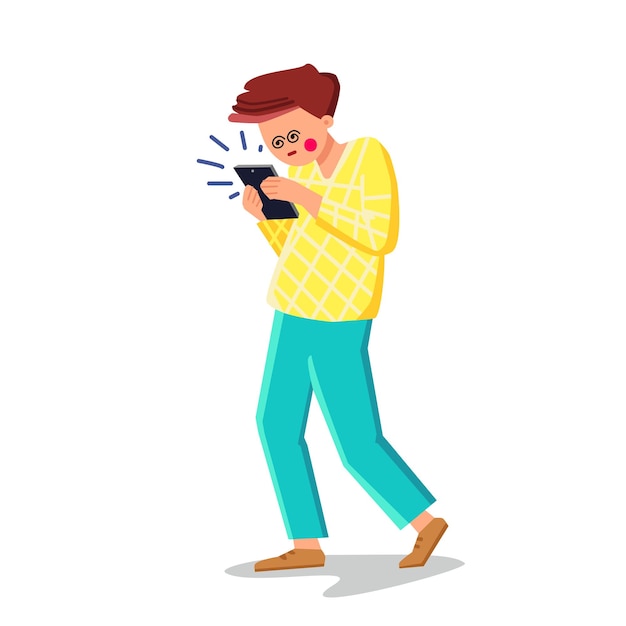 Hombre con adicción Teléfono móvil Juegos Vector Niño con adicción Teléfono inteligente Chatear o jugar usando la aplicación o buscando información en la ilustración de dibujos animados planos de personajes de Internet