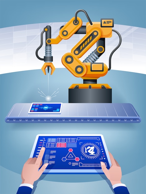 Vector un hombre administra una fábrica inteligente usando una tableta e inteligencia artificial.