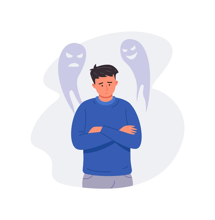 Vector hombre adolescente de dolor. lamentablemente, niño con problemas, estrés o miedo, vector aislado sobre fondo blanco.