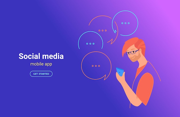 Hombre adolescente con ilustración de vector de concepto de aplicación móvil. Adolescente con teléfono inteligente usando la aplicación móvil para enviar mensajes de texto, enviar mensajes instantáneos en las redes sociales. Niño sonriente sobre fondo degradado