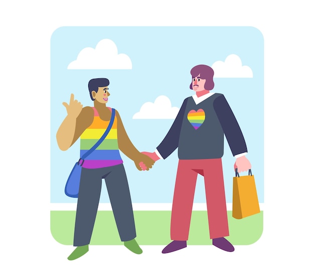 Hombre adulto y amigo varón tomándose de la mano y hablando símbolo del corazón con bandera LGBT en suéter Personalidades brillantes pasan tiempo juntos Vector ilustración plana en colores brillantes