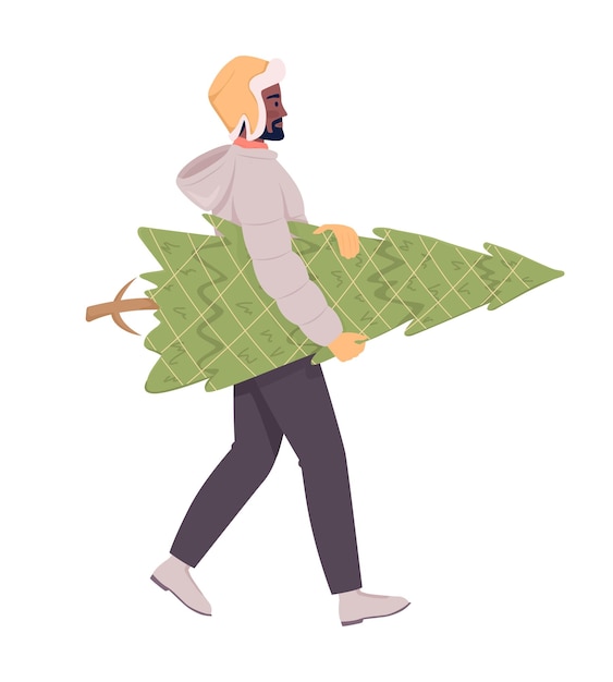 Hombre adulto caminando a casa con un verdadero árbol de navidad semi plano color vector carácter