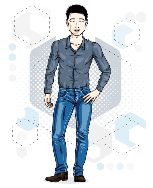 Vector hombre adulto joven brunet feliz de pie. personaje vectorial con ropa informal como jeans y camisa de algodón.