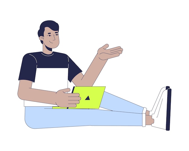 Hombre adulto joven indio con computadora portátil sentado en el piso personaje de dibujos animados 2D