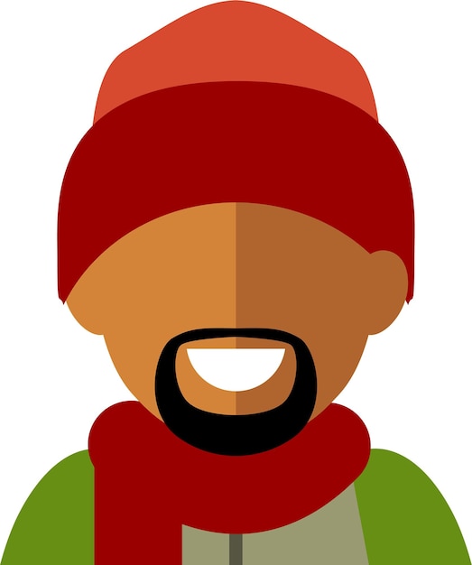 Hombre adulto joven negro afroamericano en prendas de vestir exteriores Sombrero y bufanda Icono de cara de Avatar en estilo plano