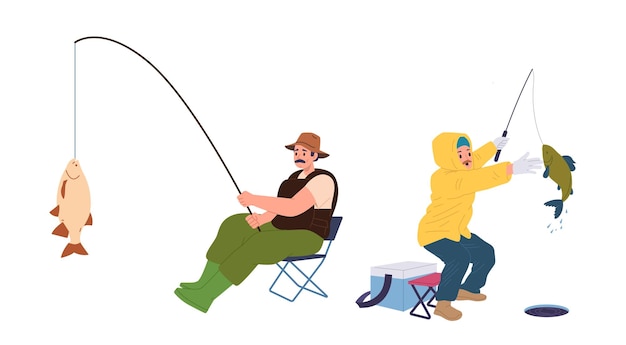 Hombre adulto personaje de dibujos animados aislado disfrutando de la pesca de invierno y verano atrapando peces con rode