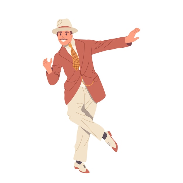 Vector hombre adulto retro personaje de dibujos animados con ropa vintage elegante pisando aislado en blanco