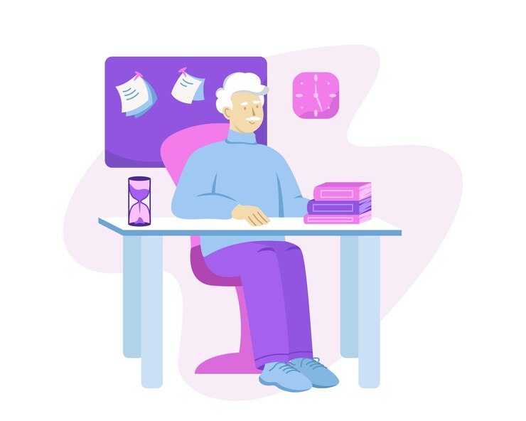 Vector hombre adulto sentado a la mesa y trabajando en la oficina gestión del tiempo