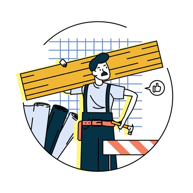 Hombre adulto en uniforme sosteniendo martillo y constructor de madera listo para trabajar en el sitio de construcción