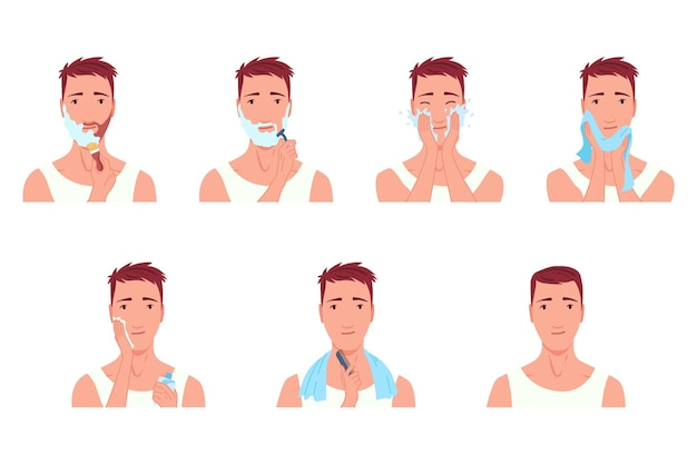 El hombre se afeita El personaje masculino se limpia y trata su cara con varias acciones Un conjunto de ilustraciones vectoriales planas aisladas sobre un fondo blanco