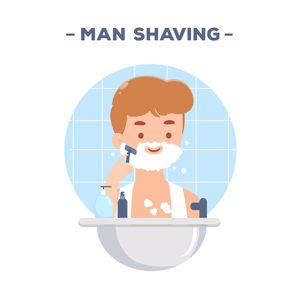 Hombre afeitándose la barba y limpiándose la cara en el baño.