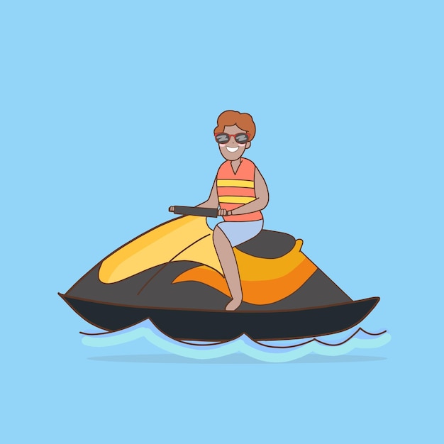 Hombre africano con chaleco salvavidas montando lancha rápida en un personaje de dibujos animados marinos en verano y temporada calurosa