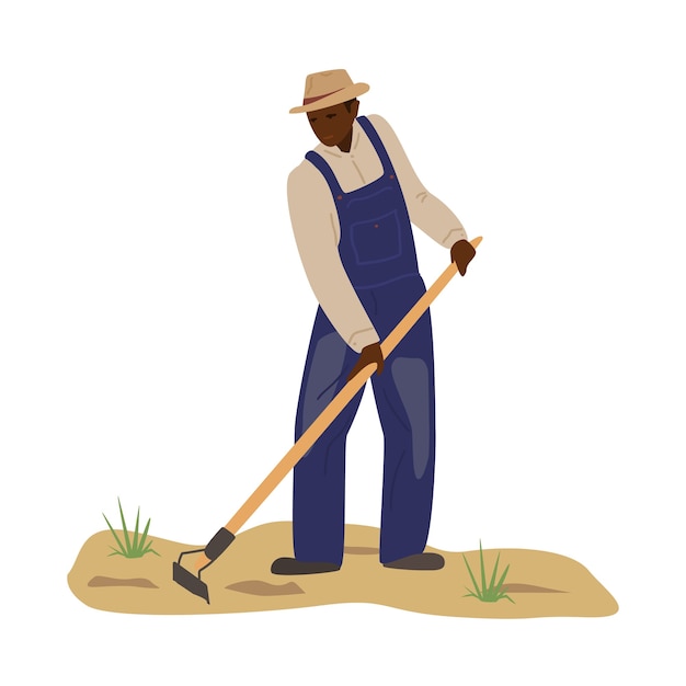 Hombre africano en mono y sombrero de paja trabajando en el campo