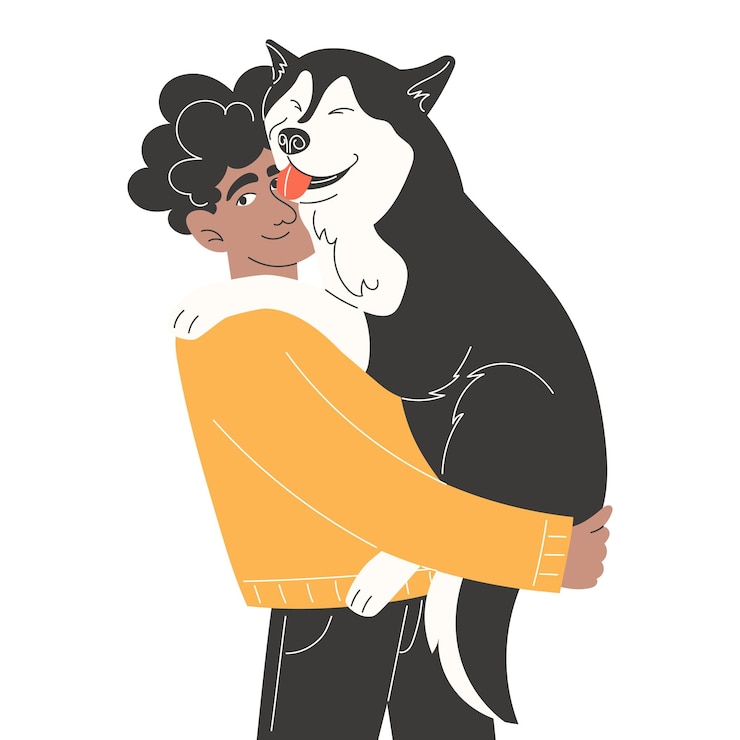 Vector hombre africano sosteniendo un perro husky feliz cuidado de mascotas y amistad ilustración vectorial plana