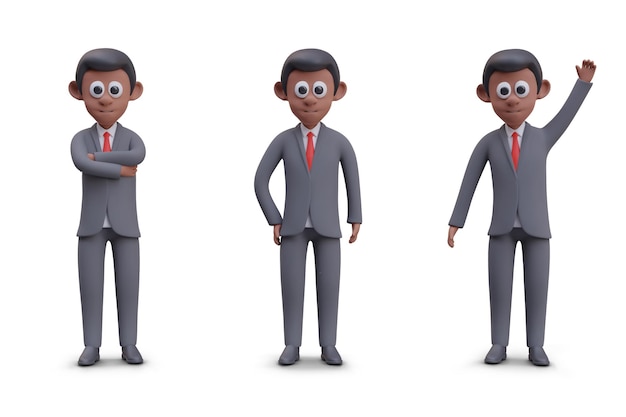 Hombre africano en traje de negocios personaje 3D en diferentes poses