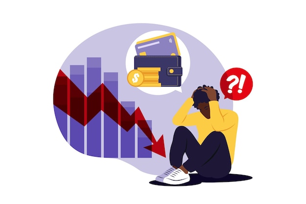 Hombre africano triste deprimido pensando en problemas. Quiebra, pérdida, crisis, concepto de problemas. ilustración. Departamento.
