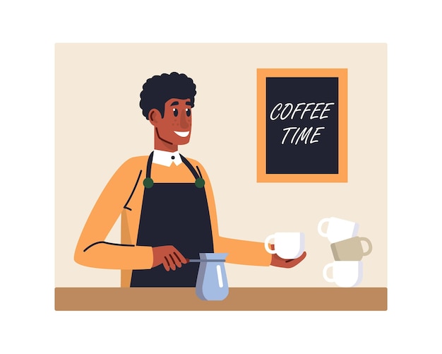 Hombre africano en uniforme sosteniendo una taza con café preparando una bebida para el invitado Barista profesional ocupación tiempo de café concepto propietarios de pequeñas empresas vector ilustración plana