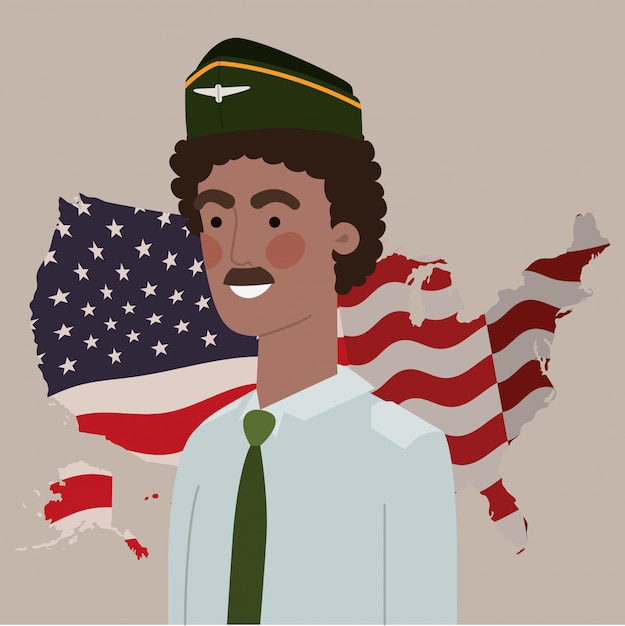 Hombre afro militar con mapa y bandera de estados unidos