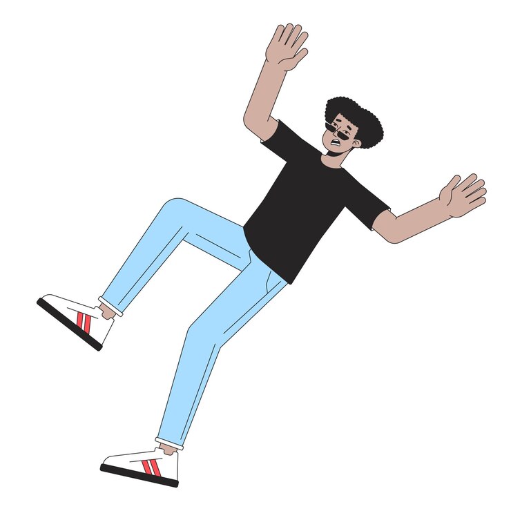 Vector hombre afroamericano asustado cae línea plana personaje vectorial de color contorno editable hombre de cuerpo completo con gafas de sol ilustración de punto aislado de dibujos animados simple para diseño gráfico web