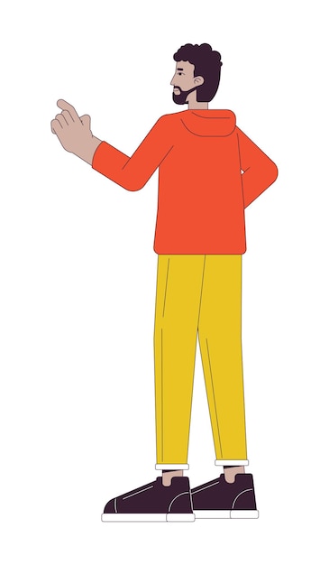 Hombre afroamericano barbudo presionando la mano personaje de dibujos animados lineal 2D hombre adulto negro apuntando brazo línea aislada vector persona de fondo blanco hombre de pie vista lateral color ilustración de punto plano