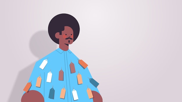 Hombre afroamericano con etiquetas de colores etiquetas en la desigualdad de desgaste concepto de discriminación racial personaje de dibujos animados masculino